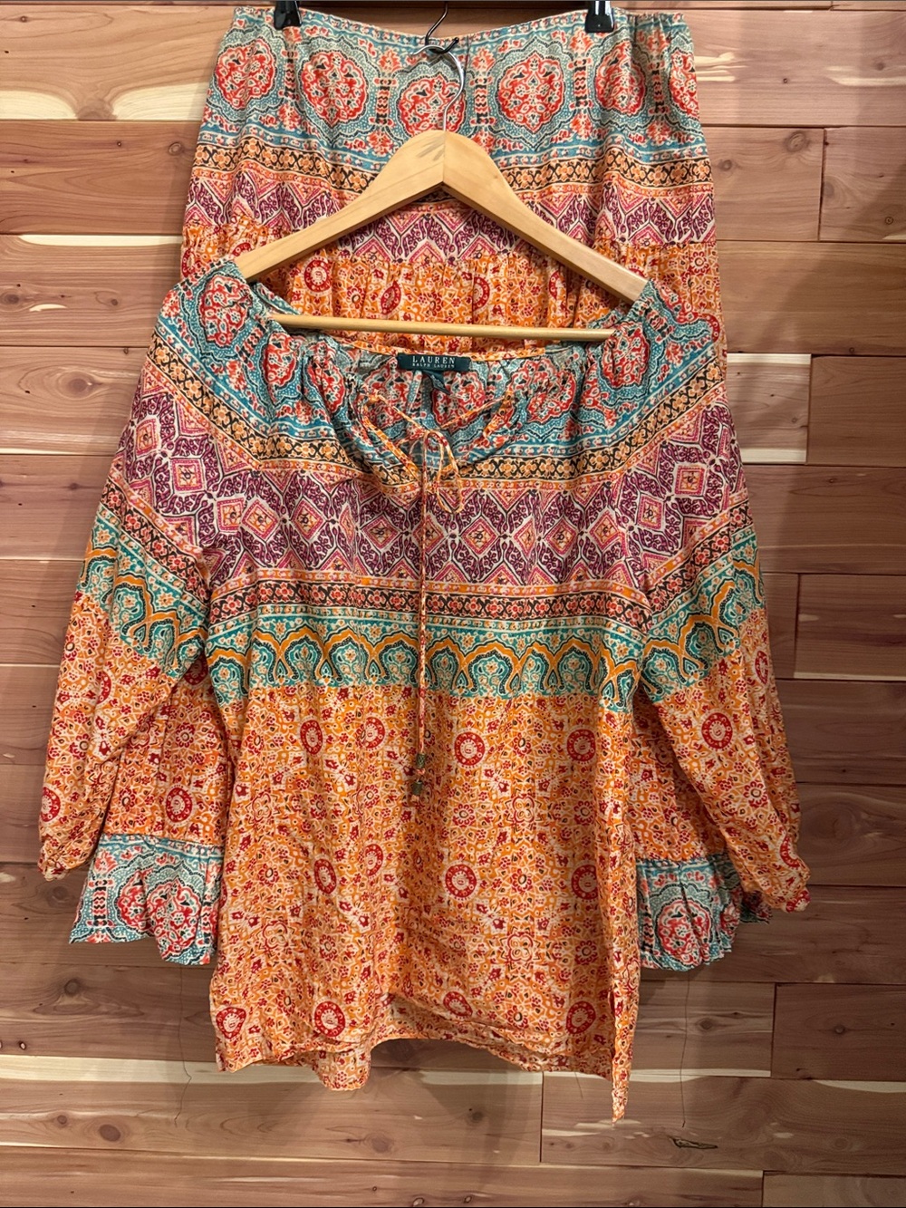 Lauren Ralph Lauren Orange Teal Printed Midi Skirt and matching Blouse